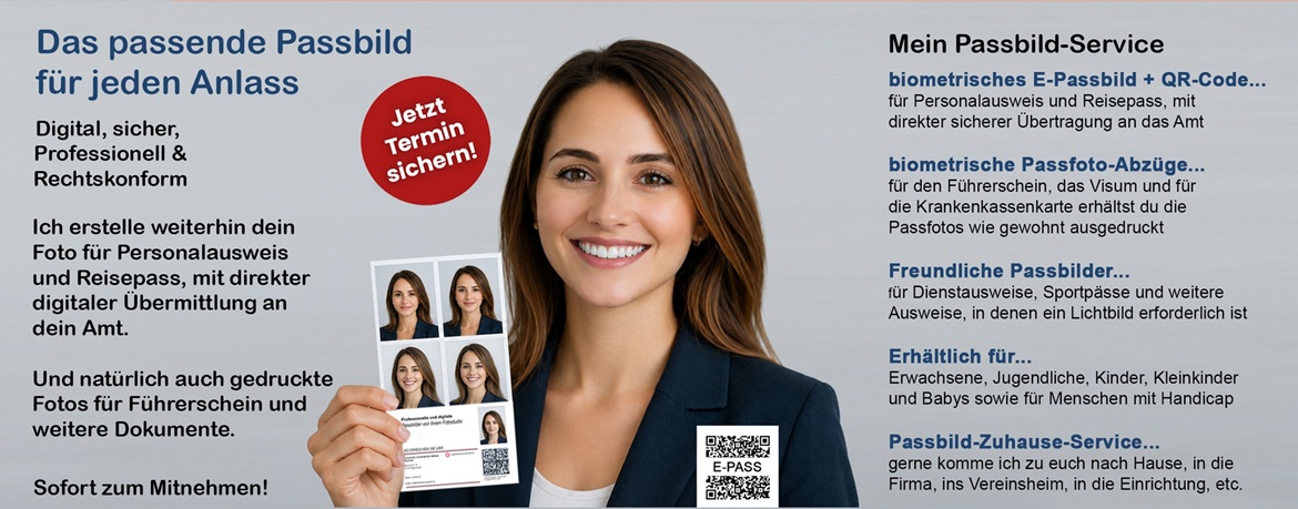 Passfotos, Passbild, Führerschein, E-Pass, Personalausweis, Reisepass, QR-Code, Visum, Krankenkassenkarte